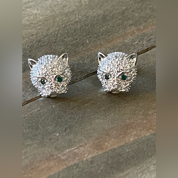 Leopard Cat Panther Head, Green Eyes, Crystal, Cubic Zirconia Stud Earrings - Picture 6 of 7